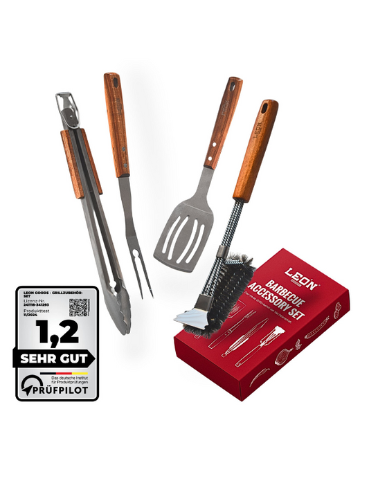 Grillbesteck Set (Grillbürste, Grillzange, Grillgabel & Grillwender - Edelstahl & Akazienholz)